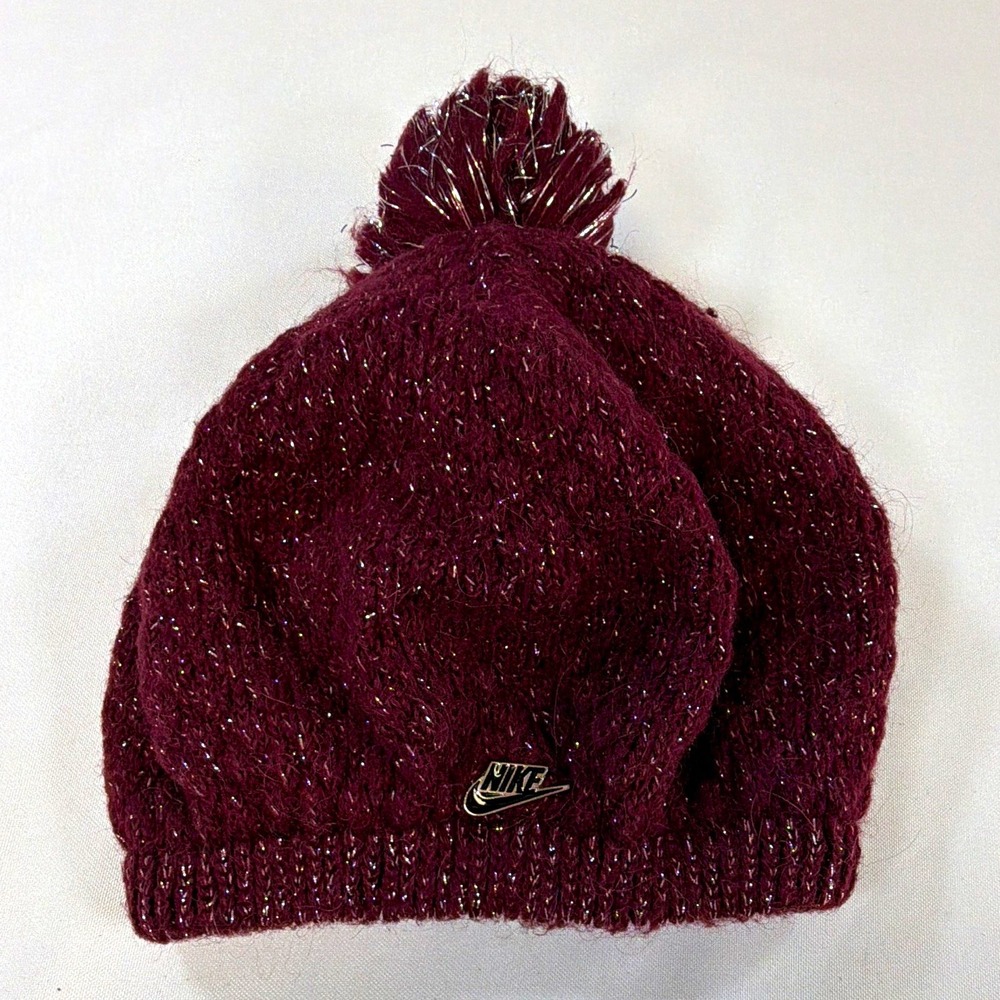 Nike Burgundy Knit Acrylic Pom Beanie Hat Logo Solid Women One Size Fall Winter